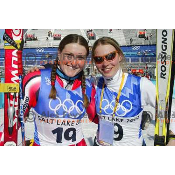 Janica Kostelic (CRO) and Tina Maze (SLO) after giant-slalom race in Park City during Winter Olympic games in Salt Lake City, USA on February 2002 