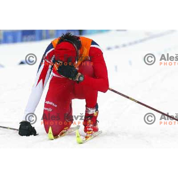Petra Majdic (SLO) over the finish line in cross-country race at Winter Olympic games in Salt Lake City, USA on February 2002 
