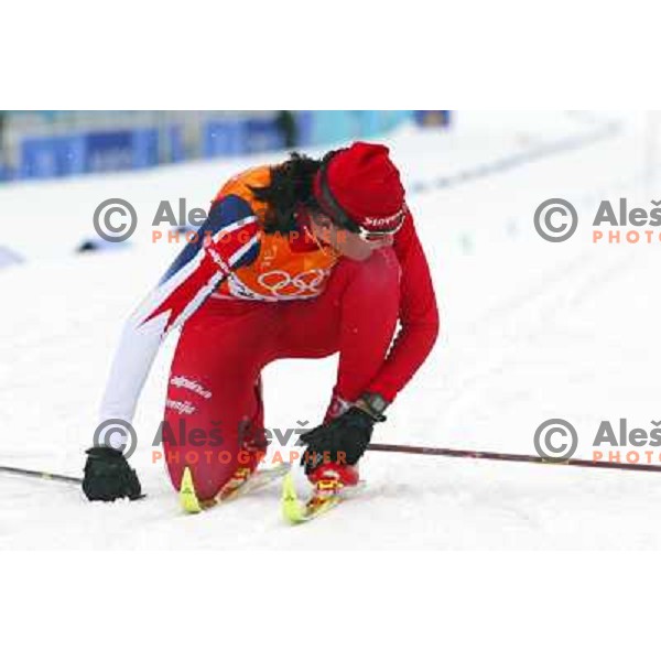 Petra Majdic (SLO) over the finish line in cross-country race at Winter Olympic games in Salt Lake City, USA on February 2002 