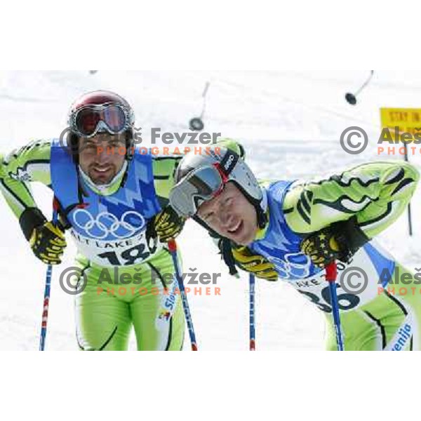 Uros Pavlocic and Jure Kosir after giant-slalom at Winter Olympic games in Salt Lake City, USA on February 2002 