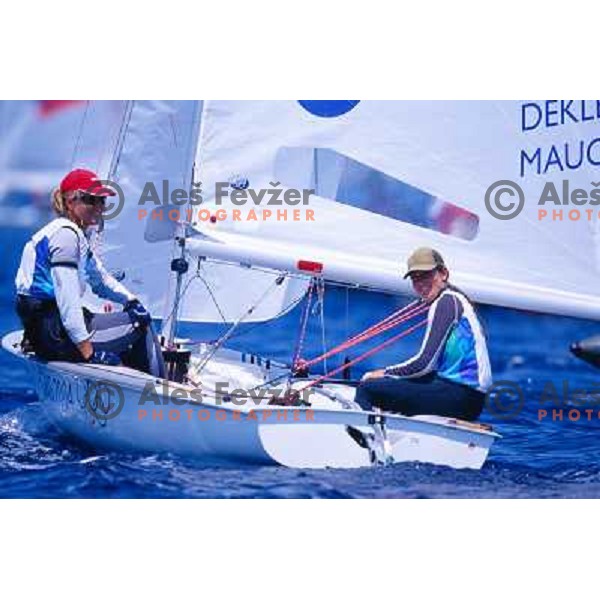 Vensa Dekleva and Klara Maucec of Slovenia 470 sailing team in action at Summer Olympic games in Athens, Greece during August 2004. 