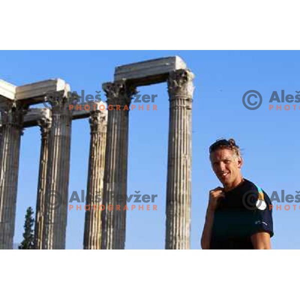 Luka Spik of Slovenia, silver medalist in rowing at Summer Olympic Games in Athens, Greece , August 2004 pictured in front of Acropolis 