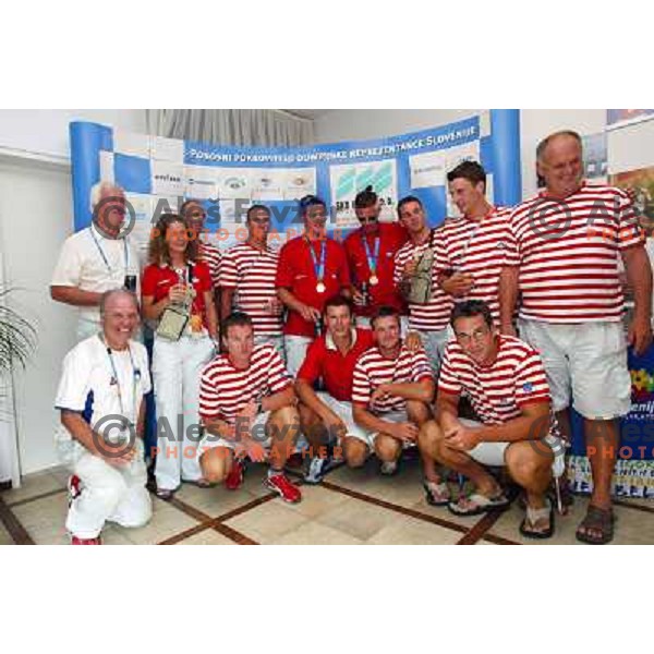 Milos Jansa, Jani Klemencic, Iztok Cop and Luka Spik of Slovenia, silver medalists in rowing at Summer Olympic Games in Athens, Stanko slivnik, Greece , August 2004 during reception for sponsors and press in Slovenia house 