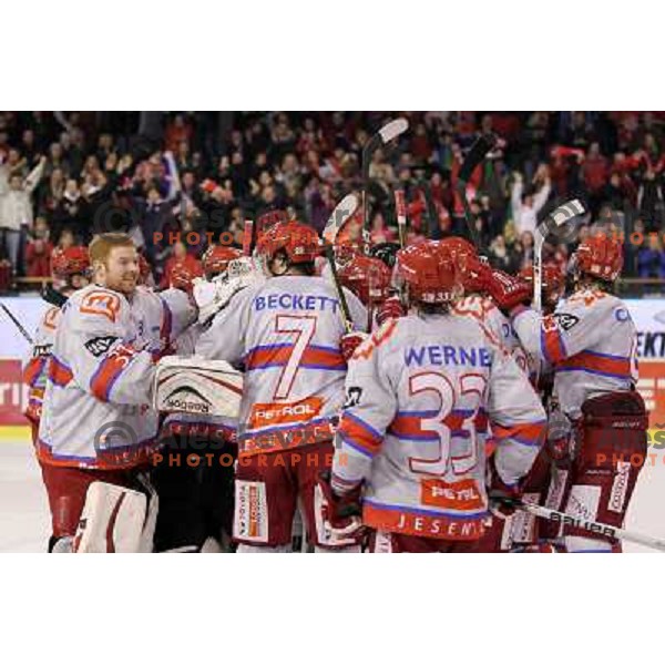 Mitch O\'Keffe, Jason Becket and players of Acroni Jesenice celebrate victory after ice-hockey match Tilia Olimpija-Acroni Jesenice in round 41 of EBEL league, played in Hala Tivoli, Ljubljana, Slovenia, January 23, 2011 