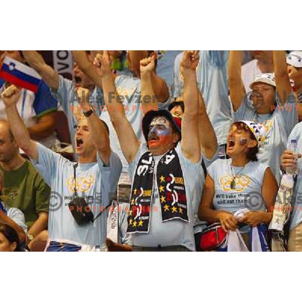 Fans of Slovenia in action during Handball tournament at Summer Olympic Games Athens 2004, Greece. Slovenia played with Russia on August 13, 2004 