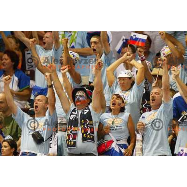Fans of Slovenia in action during Handball tournament at Summer Olympic Games Athens 2004, Greece. Slovenia played with Russia on August 13, 2004 