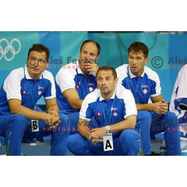 Marko Sibila, Tone Tiselj, coach of Slovenia in action during Handball tournament at Summer Olympic Games Athens 2004, Greece. Slovenia played with Iceland on August 18, 2004 