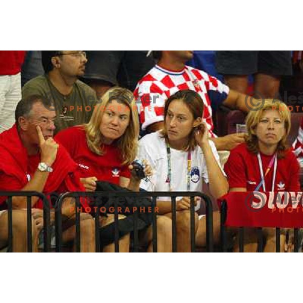Breskvar, Katarina Srebotnik, Mima Jausevec during Handball tournament at Summer Olympic Games Athens 2004, Greece. Slovenia played with Iceland on August 18, 2004 