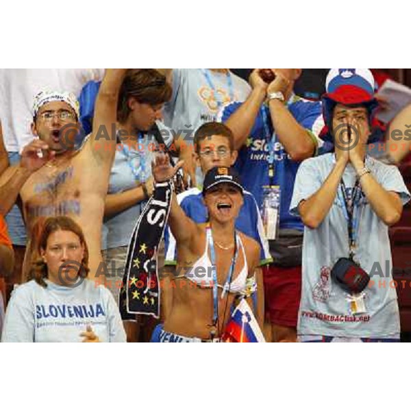 Fans of Slovenia in action during Handball tournament at Summer Olympic Games Athens 2004, Greece. Slovenia played with Iceland on August 18, 2004 