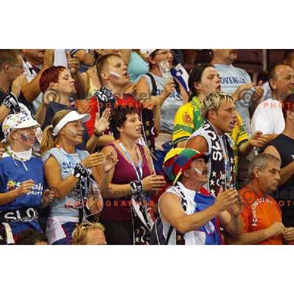 Fans of Slovenia in action during Handball tournament at Summer Olympic Games Athens 2004, Greece. Slovenia played with Iceland on August 18, 2004 