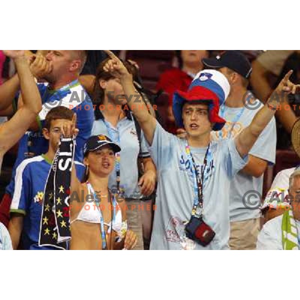 Fans of Slovenia in action during Handball tournament at Summer Olympic Games Athens 2004, Greece. Slovenia played with Iceland on August 18, 2004 