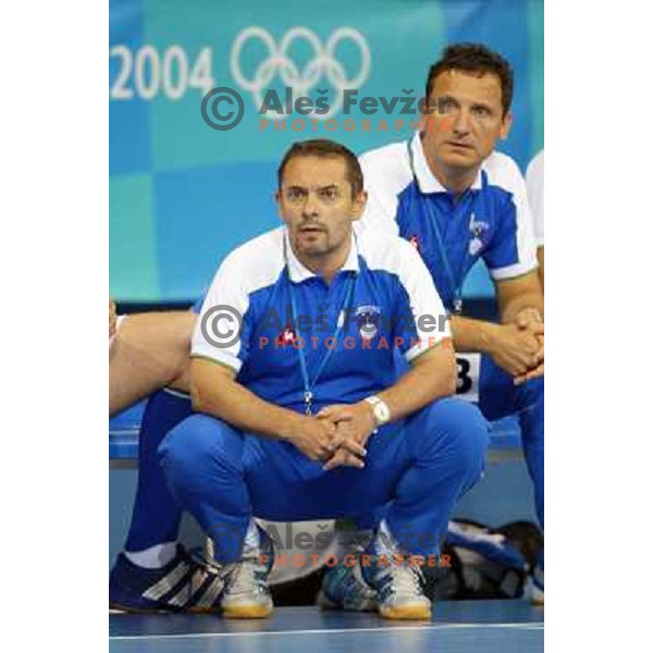 Marko Sibila, Tone Tiselj, coach of Slovenia in action during Handball tournament at Summer Olympic Games Athens 2004, Greece. Slovenia played with Iceland on August 18, 2004 