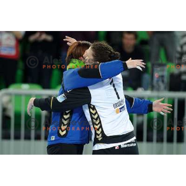 Sergeja Stefanisin, Jelena Grubisic at the handball game RK Krim Mercator Ljubljana - Itxako Reyno De Navarra , played in the Women\'s EHF Champions league main round, 05.02.2011 , Stozice Arena, Ljubljana, 