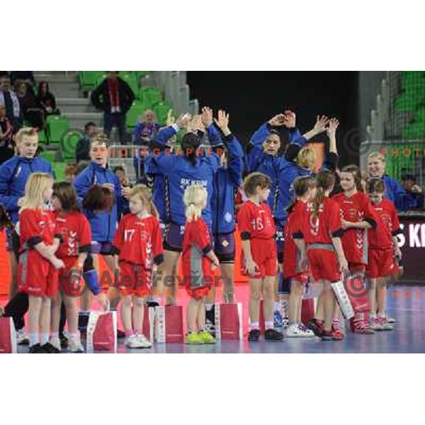 Krim players at the handball game RK Krim Mercator Ljubljana - Itxako Reyno De Navarra , played in the Women\'s EHF Champions league main round, 05.02.2011 , Stozice Arena, Ljubljana, 