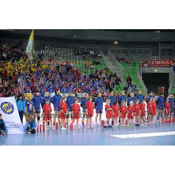 Krim players at the handball game RK Krim Mercator Ljubljana - Itxako Reyno De Navarra , played in the Women\'s EHF Champions league main round, 05.02.2011 , Stozice Arena, Ljubljana, 
