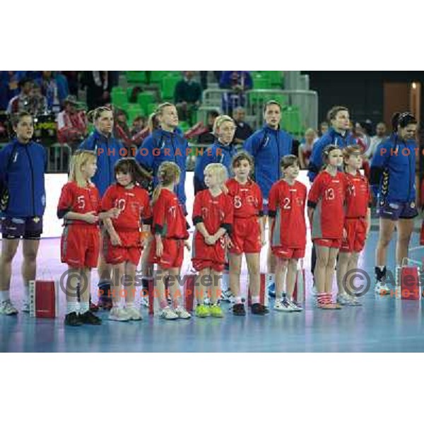 Krim players at the handball game RK Krim Mercator Ljubljana - Itxako Reyno De Navarra , played in the Women\'s EHF Champions league main round, 05.02.2011 , Stozice Arena, Ljubljana, 