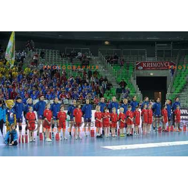 Krim players at the handball game RK Krim Mercator Ljubljana - Itxako Reyno De Navarra , played in the Women\'s EHF Champions league main round, 05.02.2011 , Stozice Arena, Ljubljana, 