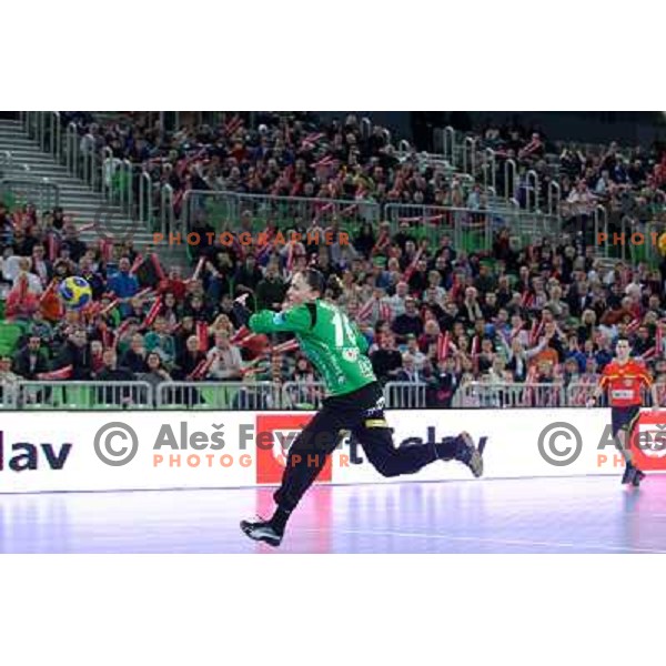 Goal scored by Jelena Grubisic at the handball game RK Krim Mercator Ljubljana - Itxako Reyno De Navarra , played in the Women\'s EHF Champions league main round, 05.02.2011 , Stozice Arena, Ljubljana, 
