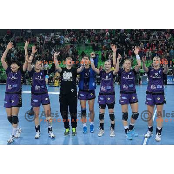 Krim players celebrate victory at the handball game RK Krim Mercator Ljubljana - Itxako Reyno De Navarra , played in the Women\'s EHF Champions league main round, 05.02.2011 , Stozice Arena, Ljubljana, 