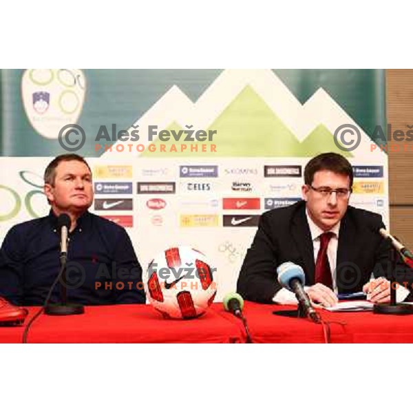 Matjaz Kek, head coach of Slovenia and Ales Zavrl, secretary general of NZS during press conference in Austria Trend hotel in Ljubljana, Slovenia on February 11,2011 