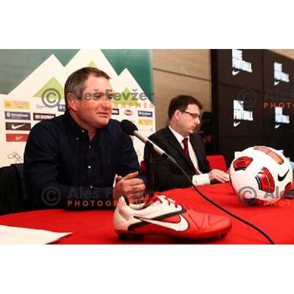 Matjaz Kek, head coach of Slovenia and Ales Zavrl, secretary general of NZS during press conference in Austria Trend hotel in Ljubljana, Slovenia on February 11,2011 