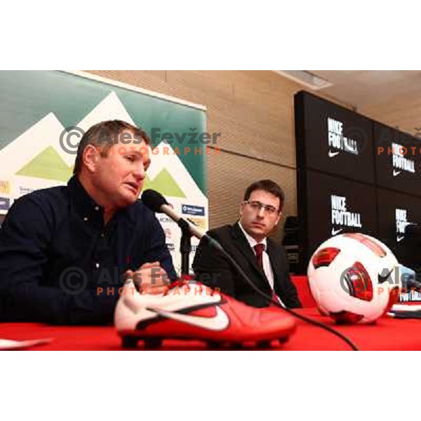 Matjaz Kek, head coach of Slovenia and Ales Zavrl, secretary general of NZS during press conference in Austria Trend hotel in Ljubljana, Slovenia on February 11,2011 