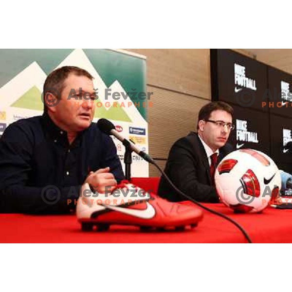 Matjaz Kek, head coach of Slovenia and Ales Zavrl, secretary general of NZS during press conference in Austria Trend hotel in Ljubljana, Slovenia on February 11,2011 