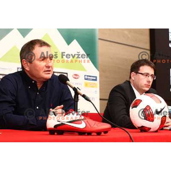 Matjaz Kek, head coach of Slovenia and Ales Zavrl, secretary general of NZS during press conference in Austria Trend hotel in Ljubljana, Slovenia on February 11,2011 