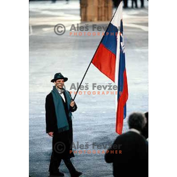 Ski-jumper Franci Petek of Slovenia was flag-bearer for his country at Opening Ceremony of 1992 Winter Olympic Games in Albertville, France on February 8, 1992. Slovenia Olympic team was taking place at the Games for the first time after becaming independ country
