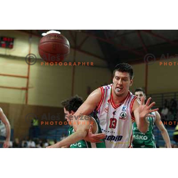 Matej Krusic of Geoplin Slovan in action during basketball match in quarter-final of Spar Cup, played in Poden Sports Hall, Skofja Loka, Slovenia on Feburary 11, 2011 