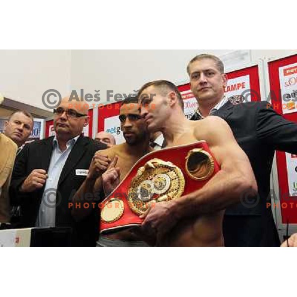 Paul Delgado of USA and Dejan Zavec of Slovenia during offical weighting for boxing fights in Ljubljana, Slovenia on February 17,2011 