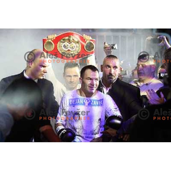 Dejan Zavec of Slovenia (blue trunks) IBF World Boxing Champion successfully defend his walterweight title with technical knockout (TKO) in fifth round against Paul Delgado of USA (white trunks) in front of 13.000 fans in Stozice, Ljubljana, Slovenia on F