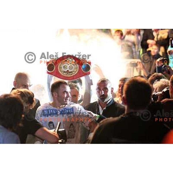 Dejan Zavec of Slovenia (blue trunks) IBF World Boxing Champion successfully defend his walterweight title with technical knockout (TKO) in fifth round against Paul Delgado of USA (white trunks) in front of 13.000 fans in Stozice, Ljubljana, Slovenia on F