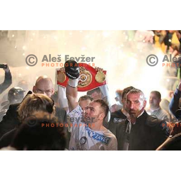 Dejan Zavec of Slovenia (blue trunks) IBF World Boxing Champion successfully defend his walterweight title with technical knockout (TKO) in fifth round against Paul Delgado of USA (white trunks) in front of 13.000 fans in Stozice, Ljubljana, Slovenia on F
