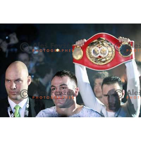 Dejan Zavec of Slovenia (blue trunks) IBF World Boxing Champion successfully defend his walterweight title with technical knockout (TKO) in fifth round against Paul Delgado of USA (white trunks) in front of 13.000 fans in Stozice, Ljubljana, Slovenia on F