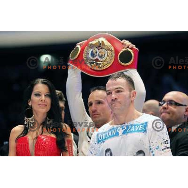 Dejan Zavec of Slovenia (blue trunks) IBF World Boxing Champion successfully defend his walterweight title with technical knockout (TKO) in fifth round against Paul Delgado of USA (white trunks) in front of 13.000 fans in Stozice, Ljubljana, Slovenia on F