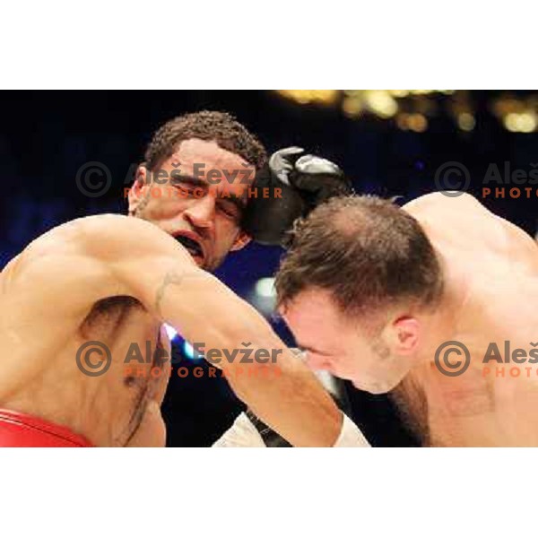 Dejan Zavec of Slovenia (blue trunks) IBF World Boxing Champion successfully defend his walterweight title with technical knockout (TKO) in fifth round against Paul Delgado of USA (white trunks) in front of 13.000 fans in Stozice, Ljubljana, Slovenia on F