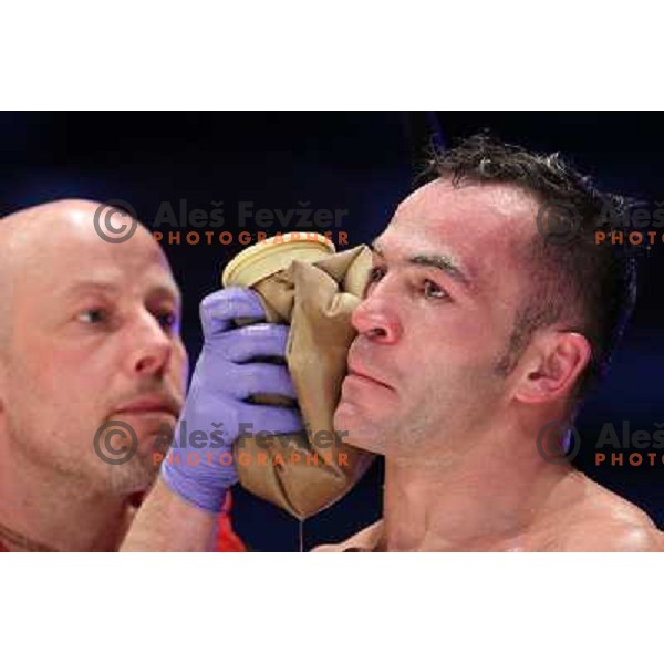Dejan Zavec of Slovenia (blue trunks) IBF World Boxing Champion successfully defend his walterweight title with technical knockout (TKO) in fifth round against Paul Delgado of USA (white trunks) in front of 13.000 fans in Stozice, Ljubljana, Slovenia on F