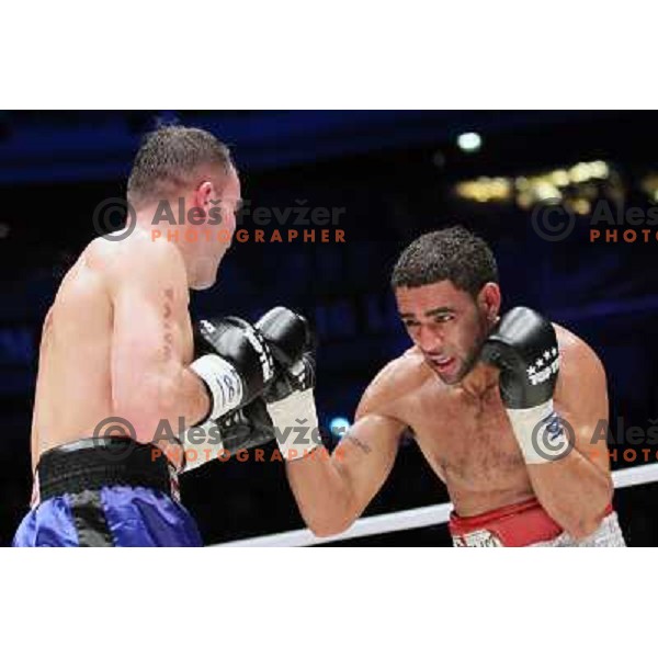 Dejan Zavec of Slovenia (blue trunks) IBF World Boxing Champion successfully defend his walterweight title with technical knockout (TKO) in fifth round against Paul Delgado of USA (white trunks) in front of 13.000 fans in Stozice, Ljubljana, Slovenia on F