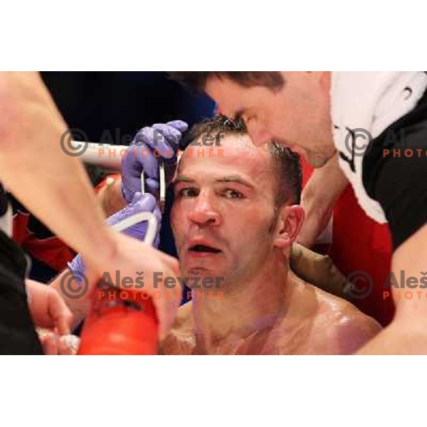 Dejan Zavec of Slovenia (blue trunks) IBF World Boxing Champion successfully defend his walterweight title with technical knockout (TKO) in fifth round against Paul Delgado of USA (white trunks) in front of 13.000 fans in Stozice, Ljubljana, Slovenia on F