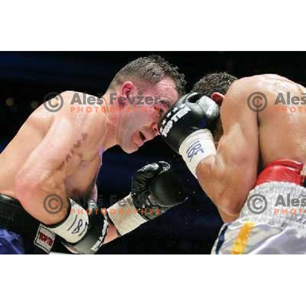 Dejan Zavec of Slovenia (blue trunks) IBF World Boxing Champion successfully defend his walterweight title with technical knockout (TKO) in fifth round against Paul Delgado of USA (white trunks) in front of 13.000 fans in Stozice, Ljubljana, Slovenia on F