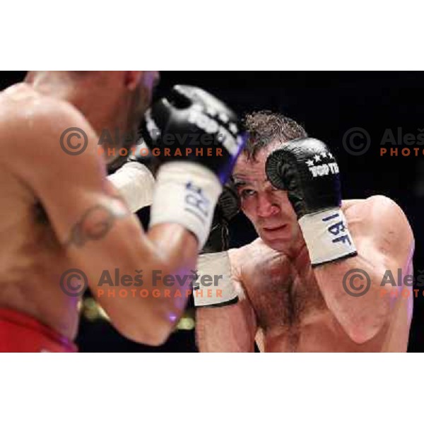 Dejan Zavec of Slovenia (blue trunks) IBF World Boxing Champion successfully defend his walterweight title with technical knockout (TKO) in fifth round against Paul Delgado of USA (white trunks) in front of 13.000 fans in Stozice, Ljubljana, Slovenia on F