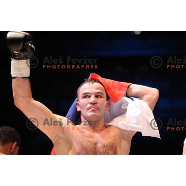 Dejan Zavec of Slovenia (blue trunks) IBF World Boxing Champion successfully defend his walterweight title with technical knockout (TKO) in fifth round against Paul Delgado of USA (white trunks) in front of 13.000 fans in Stozice, Ljubljana, Slovenia on F