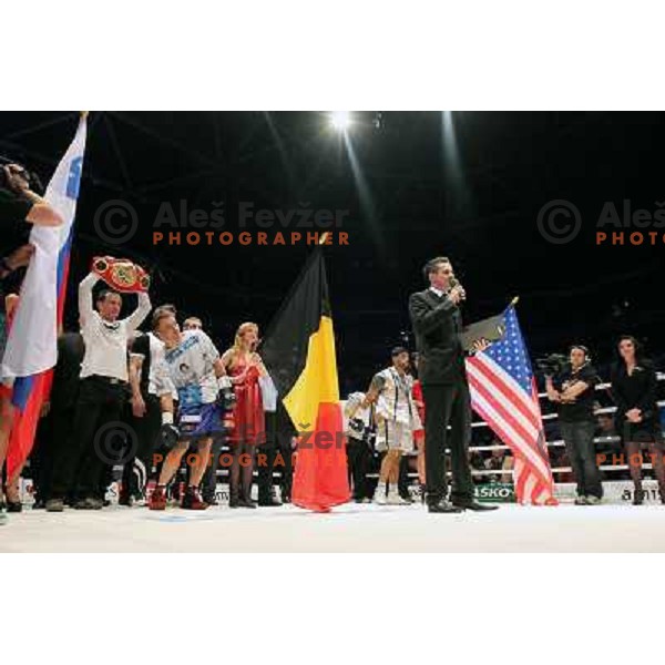Dejan Zavec of Slovenia (blue trunks) IBF World Boxing Champion successfully defend his walterweight title with technical knockout (TKO) in fifth round against Paul Delgado of USA (white trunks) in front of 13.000 fans in Stozice, Ljubljana, Slovenia on F