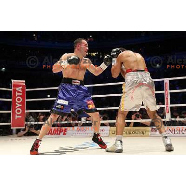 Dejan Zavec of Slovenia (blue trunks) IBF World Boxing Champion successfully defend his walterweight title with technical knockout (TKO) in fifth round against Paul Delgado of USA (white trunks) in front of 13.000 fans in Stozice, Ljubljana, Slovenia on F