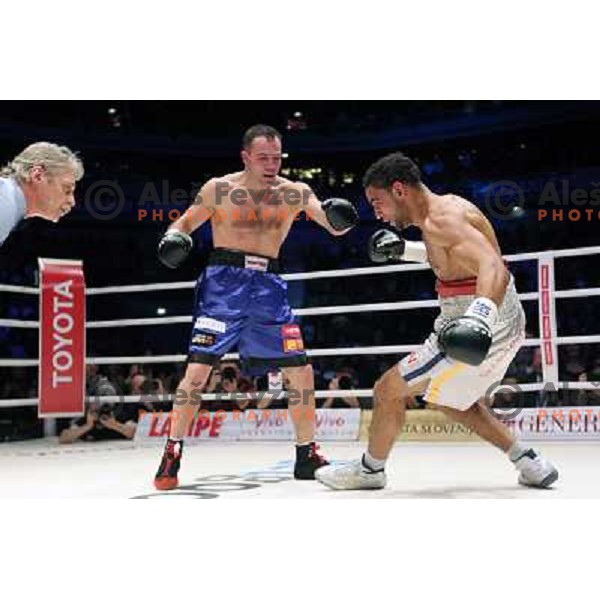 Dejan Zavec of Slovenia (blue trunks) IBF World Boxing Champion successfully defend his walterweight title with technical knockout (TKO) in fifth round against Paul Delgado of USA (white trunks) in front of 13.000 fans in Stozice, Ljubljana, Slovenia on F