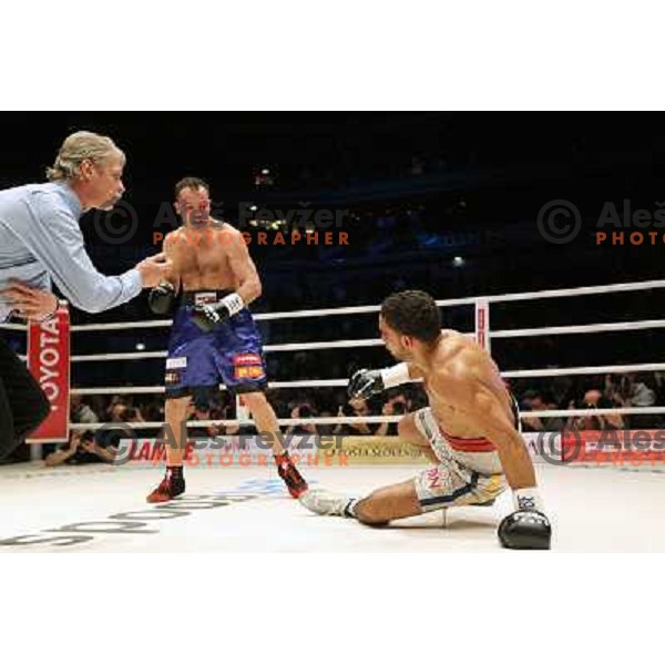 Dejan Zavec of Slovenia (blue trunks) IBF World Boxing Champion successfully defend his walterweight title with technical knockout (TKO) in fifth round against Paul Delgado of USA (white trunks) in front of 13.000 fans in Stozice, Ljubljana, Slovenia on F