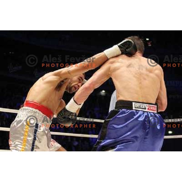 Dejan Zavec of Slovenia (blue trunks) IBF World Boxing Champion successfully defend his walterweight title with technical knockout (TKO) in fifth round against Paul Delgado of USA (white trunks) in front of 13.000 fans in Stozice, Ljubljana, Slovenia on F