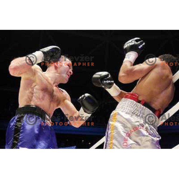 Dejan Zavec of Slovenia (blue trunks) IBF World Boxing Champion successfully defend his walterweight title with technical knockout (TKO) in fifth round against Paul Delgado of USA (white trunks) in front of 13.000 fans in Stozice, Ljubljana, Slovenia on F