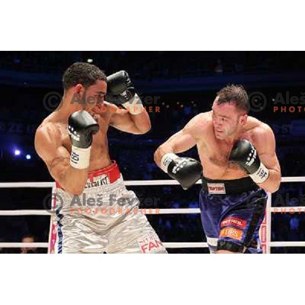 Dejan Zavec of Slovenia (blue trunks) IBF World Boxing Champion successfully defend his walterweight title with technical knockout (TKO) in fifth round against Paul Delgado of USA (white trunks) in front of 13.000 fans in Stozice, Ljubljana, Slovenia on F